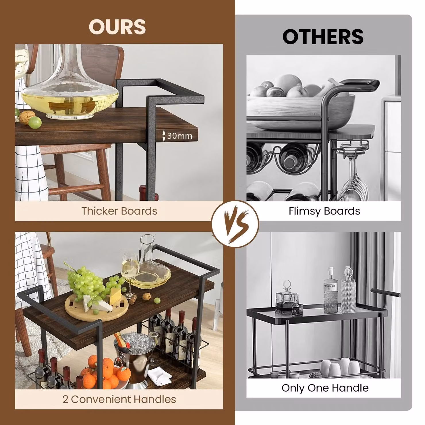Costway 2-Tier Wooden Industrial Home Bar Cart and Kitchen Mobile Trolley with Lockable Wheels in Brown – 4