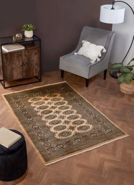 Prestige Rug Collection Bokhara Oriental Hand-Knotted Wool Rug in Beige, W: 60 cm x L: 90 cm