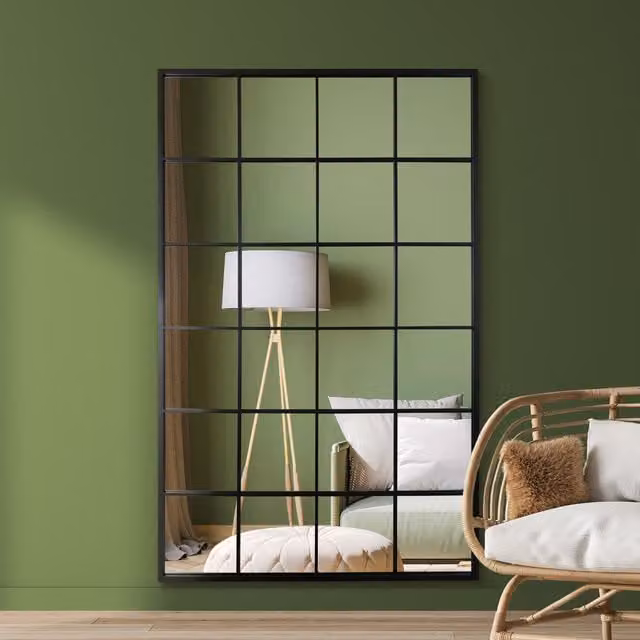 MirrorOutlet Fenestra Black Extra Large Window Leaner Wall Mirror, H: 174 cm, W: 110 cm