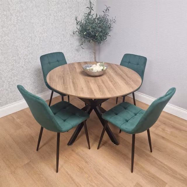 Kosy Koala Modern Round Dining Set with 4 Green Velvet Chairs and Wood Table with Black Metal X-Shaped Legs