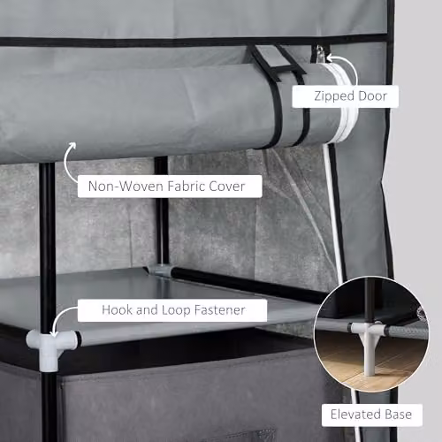 HOMCOM Portable Fabric Wardrobe with Hanging Rail and Integrated Drawers, Grey, W: 102 cm, D: 42.5 cm, H: 162.5 cm – 4