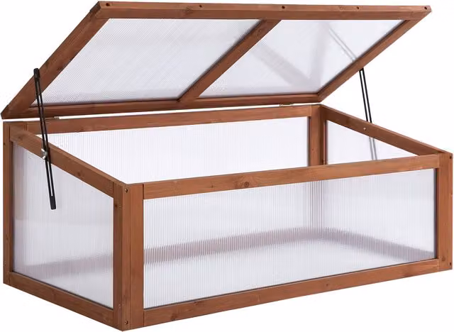 Outsunny Wooden Framed Polycarbonate Cold Frame Greenhouse with Hinged Tilted Top Cover, Brown, W: 100 cm, D: 65 cm, H: 40 cm – 1