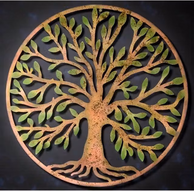 VOGREX Tree of Life Metal Round Wall Art Garden Sculpture Plaque in Brown, Diameter: 100 cm – 1