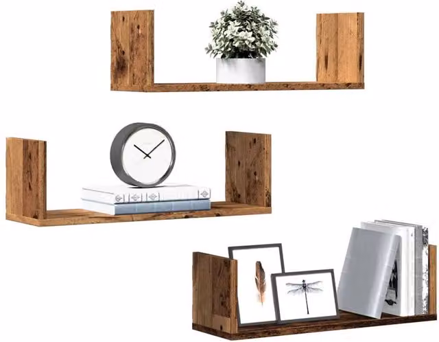 Berkfield Home Set of 3 Rustic Old Wood Wall Shelves, Brown, W/D/H: 58 x 18 x 18 cm