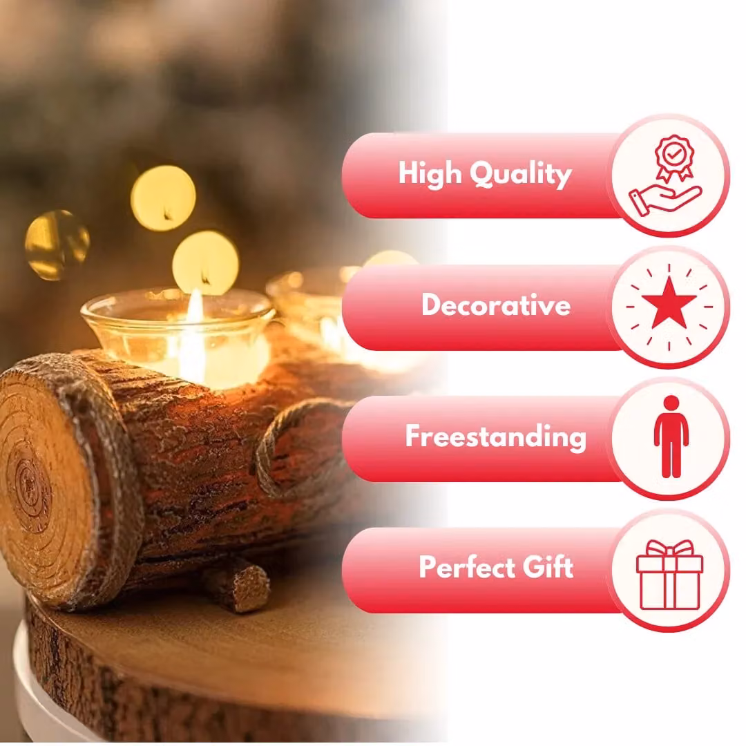 Marco Paul Rustic Christmas Log Tealight Candle Holder with 3 Glass Holders in Brown – 3