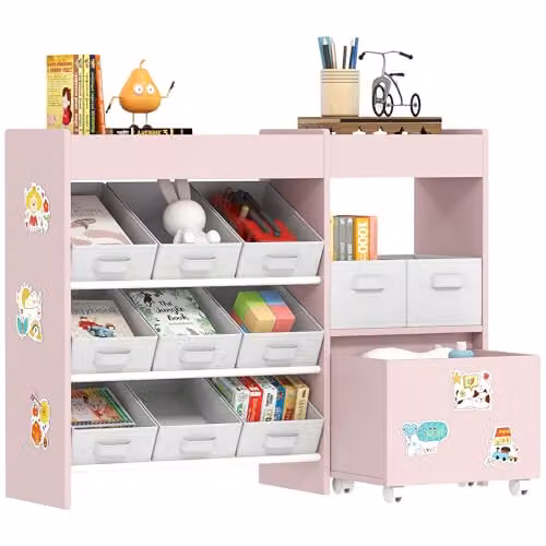 AIYAPLAY Kids Toy Storage Unit with 11 Fabric Bins, Pink