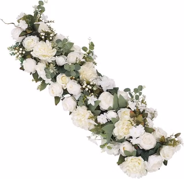 Garden Sanctuary White Artificial Silk Peony and Rose Wedding Aisle Floral Row Decor