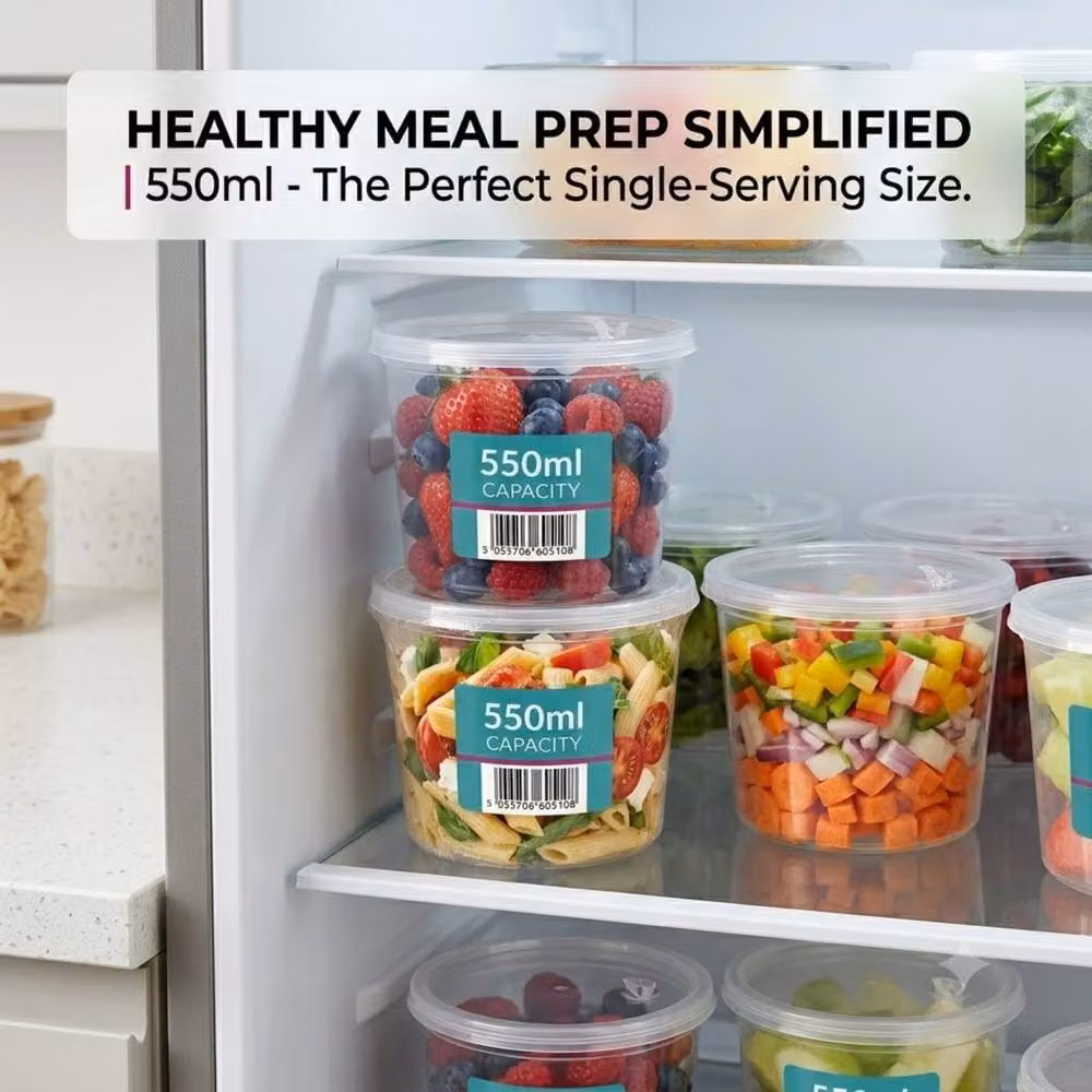 Bedsland 25 Pack Round Plastic Food Storage Containers with Leakproof Snap Lids, 550ml, Clear – 3