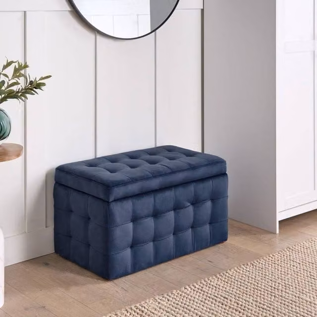 Wyld and Coco Dark Blue Velvet Tufted Storage Ottoman Bench – 1