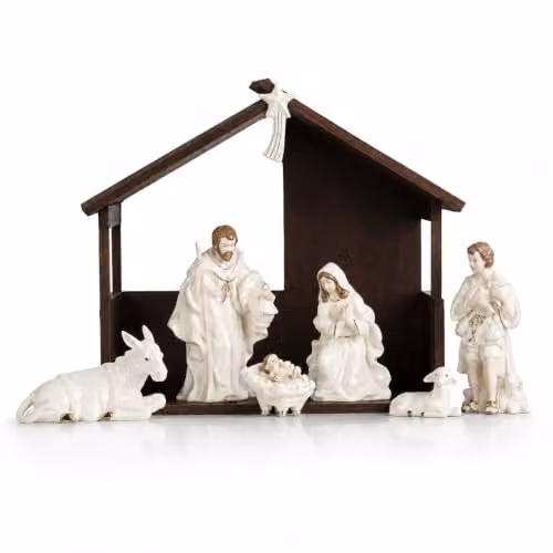 Belleek Living Classic Nativity Set, White and Gold Ceramic Tabletop Christmas Figurines, H 50.8 cm x W 40.64 cm x D 40.64 cm – 1