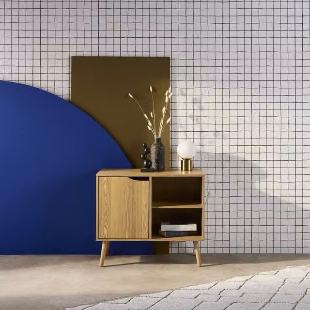 sweeek Walnut-effect Sideboard with 2 Shelves in Light Grey and Brown, W: 80 cm, H: 69 cm, D: 39 cm