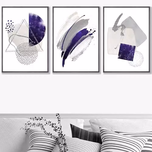 ARTZE Set of 3 Abstract Geometric Watercolour Shape Wall Art Posters in Purple, Grey and Silver, W: 30 cm, H: 42 cm