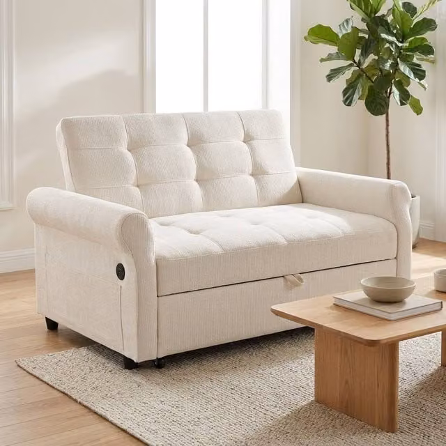 STILVORA 2-Seater Modern Fabric Sofa Bed with USB Charging, White – 1