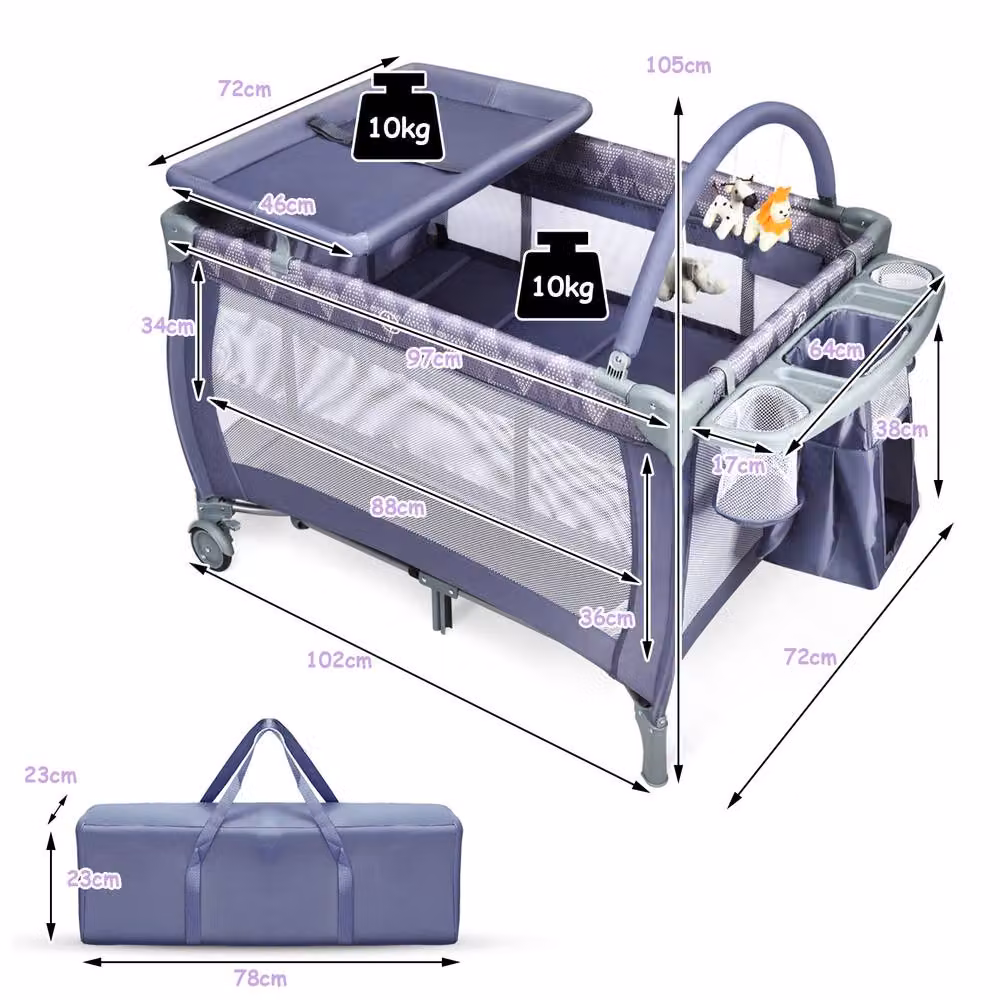 Costway 3 in 1 Foldable Travel Cot, Baby Crib and Playard with Bassinet in Grey – 2
