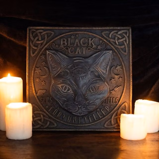 KDMK Black Cat Fortune Teller Tabletop Sign, Mystical Celestial Moon and Star Decor in Brown