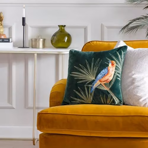 Paoletti Odisha Exotic Bird Embroidered Velvet Cushion in Green, W/D/H: 45 x 45 x 45 cm – 4