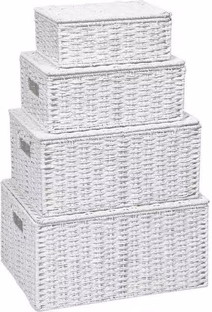 Arpan White Wicker Storage Basket Hamper Set of 4 with Lids and Insert Handles