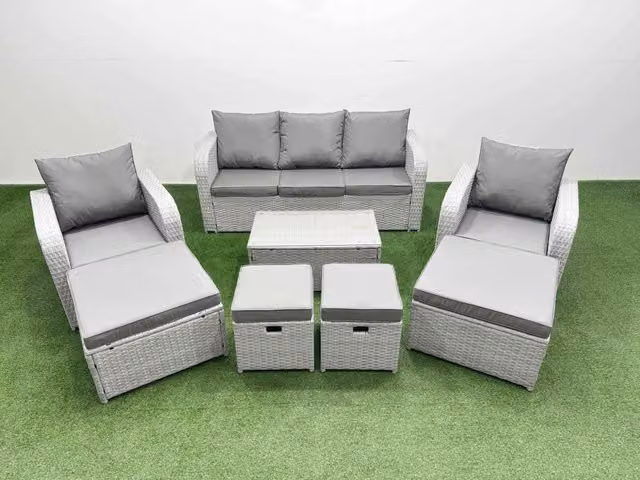 Fimous 8 Piece Modern Garden Furniture Set with Rectangular Coffee Table, Reclining Chairs and Inclining Sofa in Light Grey