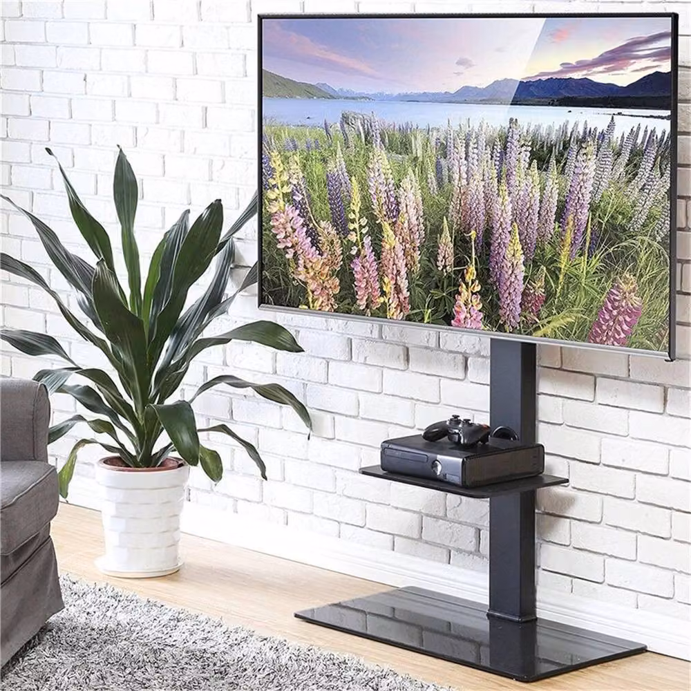 Nordara Black Metal Floor TV Stand with Mount and 2-Tier Storage Shelves, W/D/H: 132 x 40 x 40 cm – 3