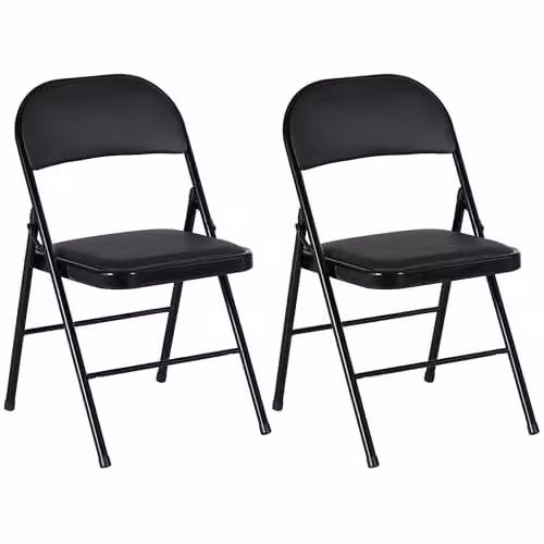 HOMCOM Set of 2 Black Padded Folding Chairs with Synthetic Leather Cushioned Seats and Metal Frame – 1