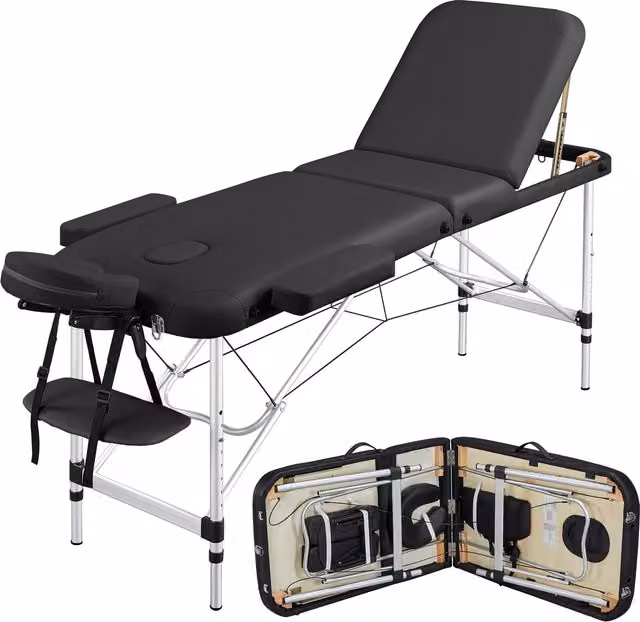 Yaheetech Professional 3-Fold Massage Bed with Headrest in Black
