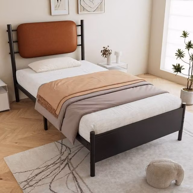 Rolipo Single Metal Bed Frame with Black PU Headboard, W/D/H: 90 x 190 x 102.5 cm – 1