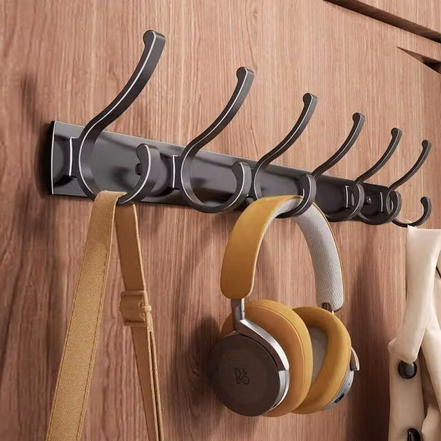 FORGEVIO Black Aluminium Wall Mounted Coat and Clothes Door Holder Rack with 6 Hooks, Width: 50 cm – 1