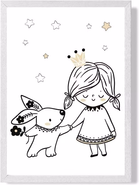 ARTZE Scandi Princess Little & Rabbit Framed Paper Print, Black and White, A2
