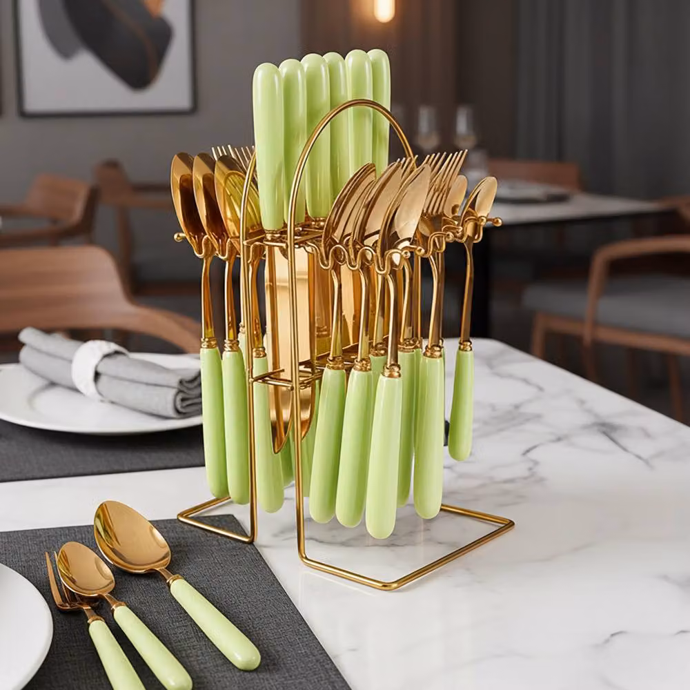 Living and Home 24-Piece Polished Stainless Steel Cutlery Set with Ceramic Storage Case in Green and Gold – 4