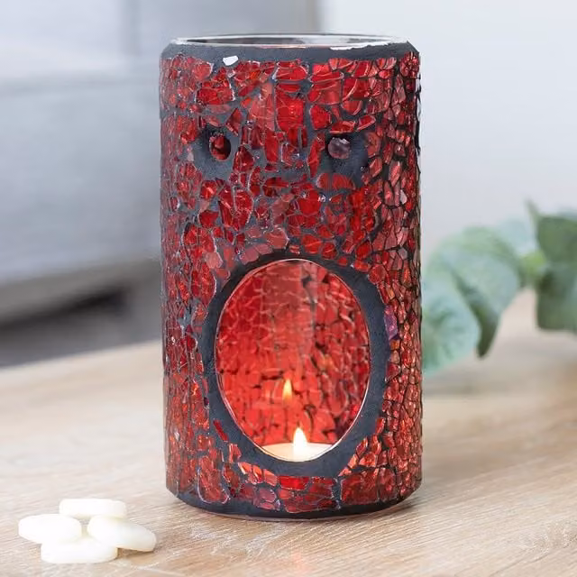 Something Different Red Glass Pillar Crackle Effect Oil Burner, H 14.5 cm x W 8 cm x D 8 cm