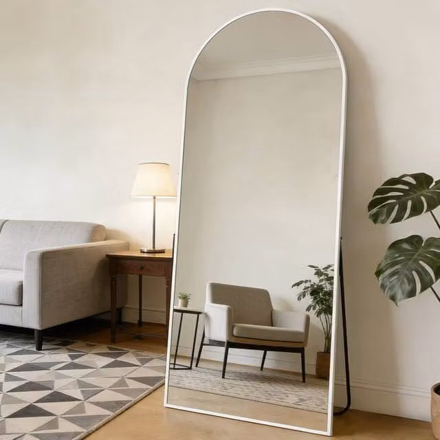 CASSILANDO Silver and White Arch Full Length Freestanding Mirror, H: 165 cm, W: 60 cm, D: 1.4 cm
