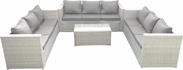 Fimous 9 Seater Rattan Garden Furniture Set with Upholstered Cushions and Coffee Table in Light Grey – 1