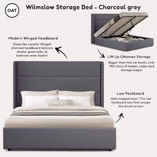 OAT Home Wilmslow Ottoman Storage Upholstered Bed Frame with Winged Headboard, Anthracite Grey, W/D/H: 140 x 200 x 129 cm – 7