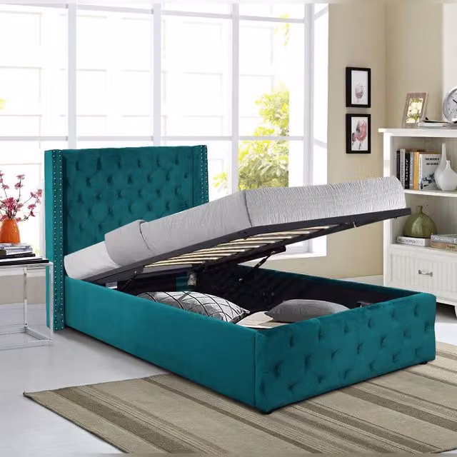 Comfy Living Ltd Single Winged Plush Velvet Ottoman Gas Lift Storage Bed Frame in Green