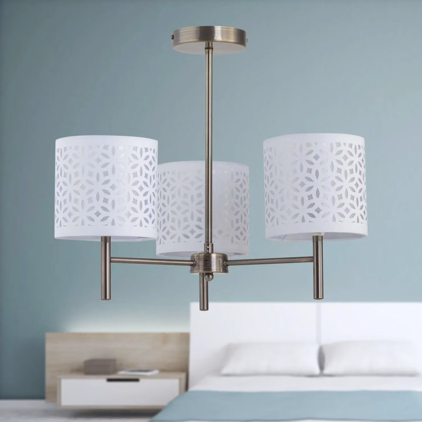 First Choice Lighting Brea Antique Brass 3 Light Ceiling Fitting with White Fabric Shades – 3