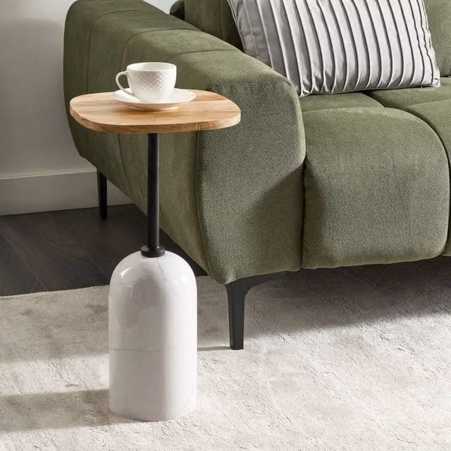 Wyld Haus Conte Living Round Side Table with Acacia Wood Top and White Marble Finish, W/D/H: 30 x 30 x 59 cm