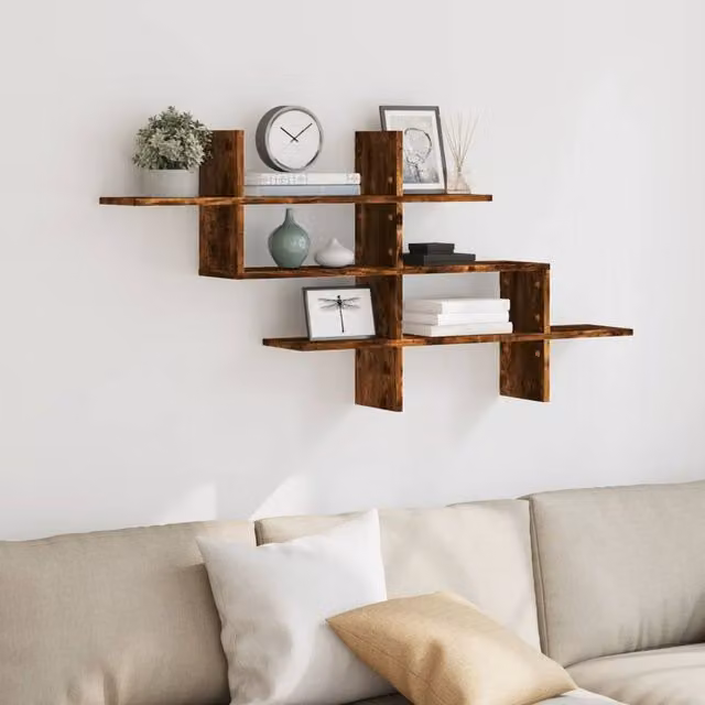 Berkfield Home Wall Mounted Smoked Oak Shelf in Brown, W/D/H: 124.5 x 18 x 60.5 cm