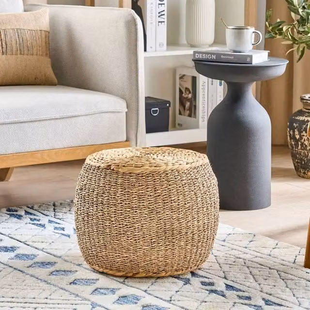 Wyld and Coco Seagrass and Water Hyacinth Pouffe Stool in Beige, Diameter: 40 cm – 1