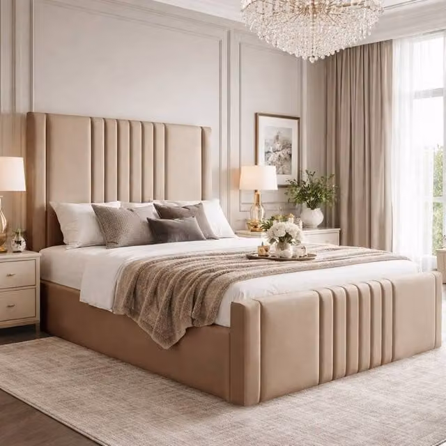 Desire Deco Haisley Ottoman Storage Bed Frame in Beige Plush Velvet, Super King, W/D/H: 200 x 160 x 125 cm