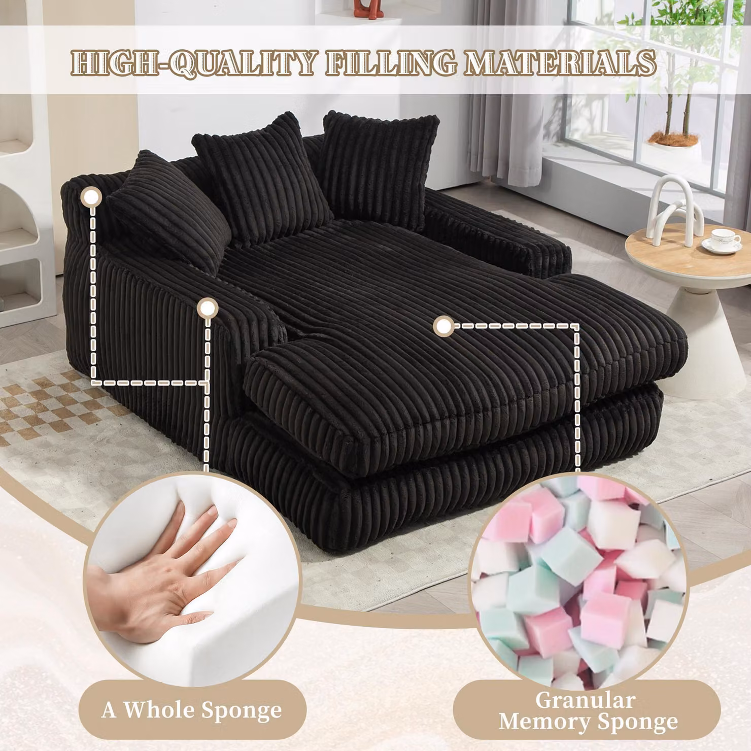 Aosom UK Modern Oversized Chaise Lounge Chair with Memory Foam Seat and Sofa Bed, Black, L: 155 cm, W: 125 cm, H: 63 cm – 4