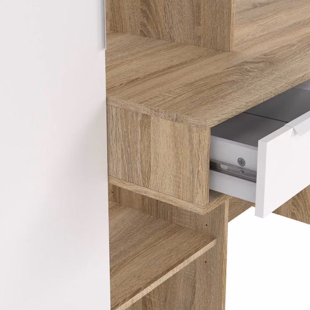CALICOSY Modern Desk with 1 Drawer, 1 Door and 5 Shelves in Oak, White and Beige Finish – 2