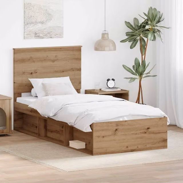 Berkfield Home Artisan Oak Bed Frame in Brown, Solid Pine and Wood, W/D/H: 100 x 200 cm – 1