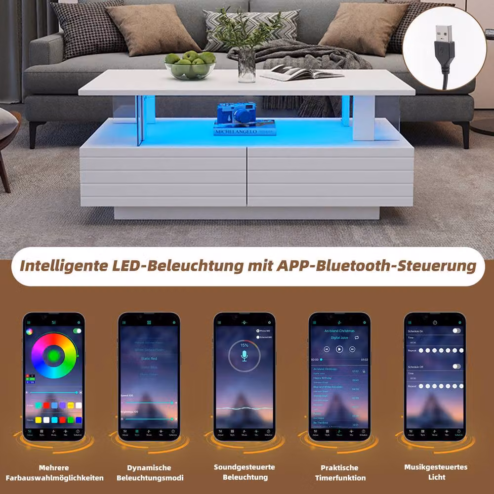 ModernLuxe LED Coffee Table with Open Storage and 2 Drawers in White – 3