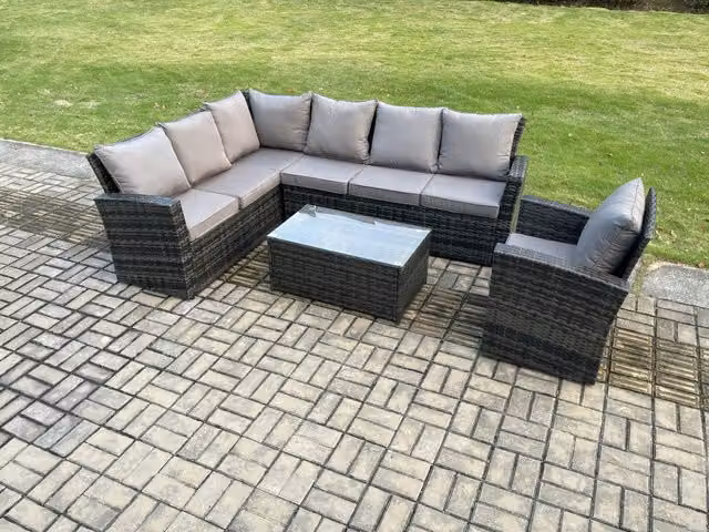 Fimous 7 Seater Rattan Garden Furniture Set with Rectangular Coffee Table in Dark Grey