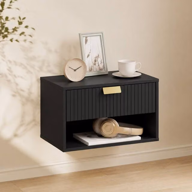 STILVORA Wall Mounted Nightstand Set with Fluted Drawer in Black
