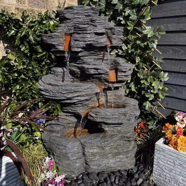 Tranquillity Water Features Hinokias Rock Effect Solar Cascade Water Feature in Grey Resin, 15kg