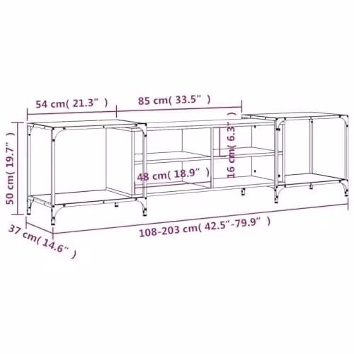 vidaXL Adjustable Industrial Style TV Cabinet in Brown with Shelves, Engineered Wood and Metal Frame, W/D/H: 203 x 37 x 50 cm