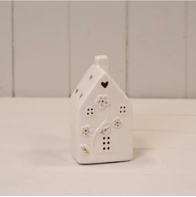 KDMD Glazed Ceramic House LED Ornament with Textured Detail in White