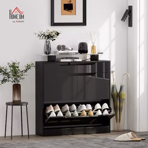 HOMCOM Modern Black Glossy Shoe Cabinet with Glass Top and Tilting Compartments – 2