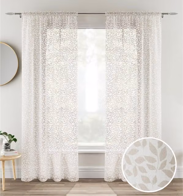 Tyrone Textiles Pair of Sheer Floral Voile Fabric Panels in Beige and Brown, Width: 122 cm